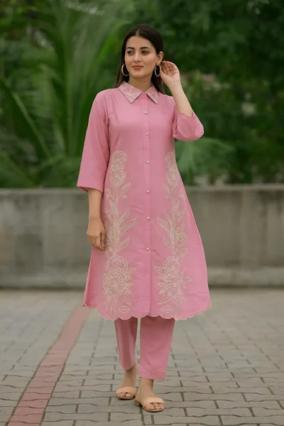 CRD-94-1 Pastel Pink Embroidered Cotton Kurta Set