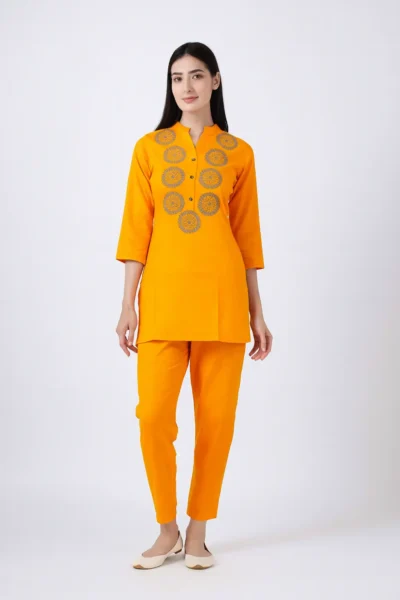 CRD-96-1 Mustard Yellow Rayon Co-ord Set with Embroidered Front Design