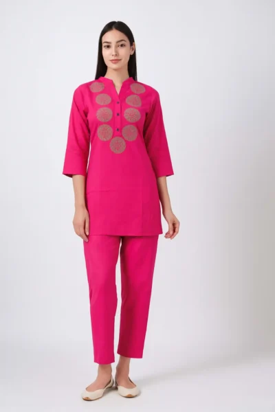 CRD-97-1 Pink Rayon Co-ord Set with Embroidered Front Design