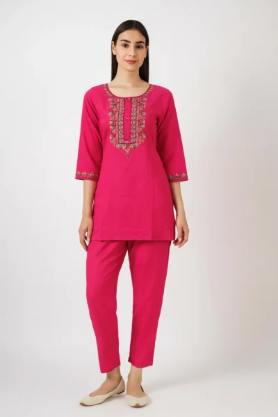 CRD-98-1 Pink Rayon Co-ord Set with Heavy Embroidered Neckline and Sleeves