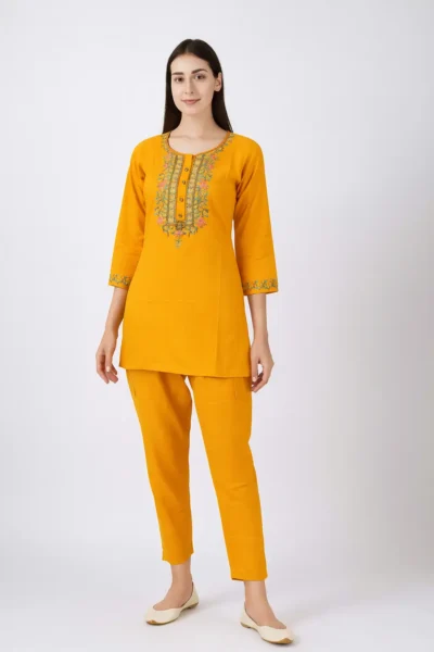 CRD-99-1 Mustard Yellow Rayon Co-ord Set with Embroidered Neckline and Sleeves