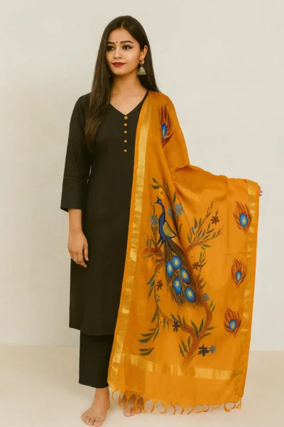 DPT-1-0 Handloom Katan Dupatta with Hand-Painted Peacock Design
