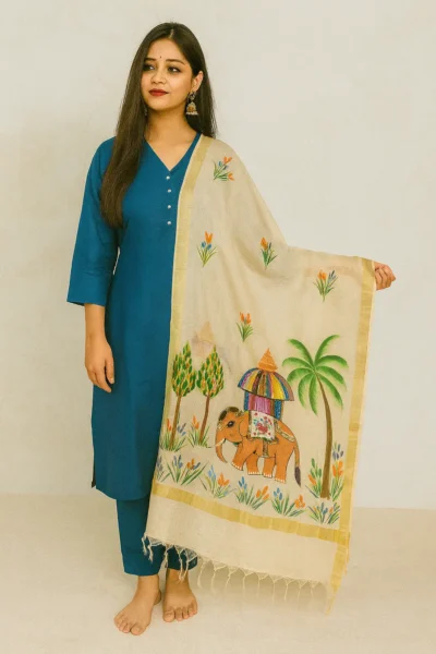 DPT-2-0 Handloom Katan Silk Dupatta with Hand-Painted Elephant Design