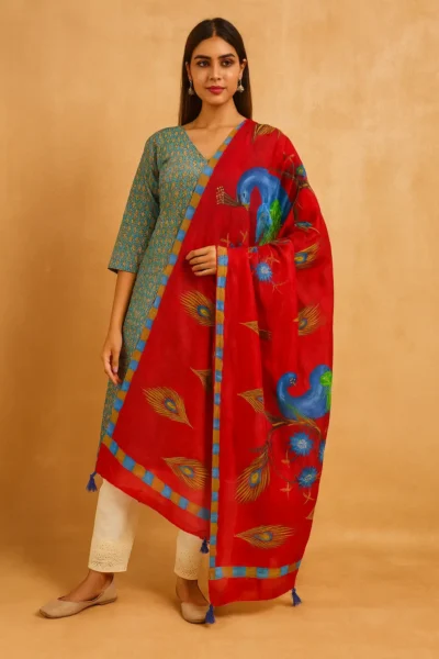 DPT-5-1 Hand-Painted Peacock & Feather Silk Dupatta Collection