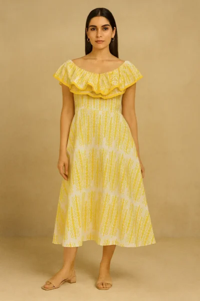 DRS-105-1 Sunshine Yellow Shefli Cotton Printed Dress