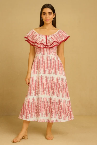 DRS-106-1 Shefli Cotton Printed Red Dress