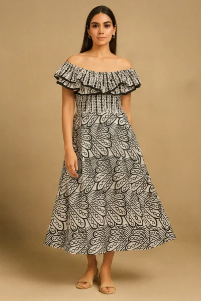 DRS-107-1 Black & White Shefli Cotton Printed Dress with Ruffle Neckline