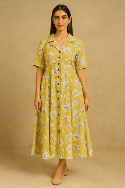 DRS-108-1 Yellow Floral Button-Down Cotton Dress