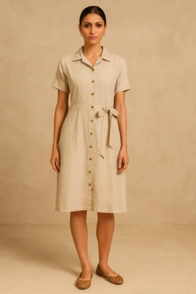 DRS-109-1 Beige Button-Down Collared Midi Dress with Side Tie