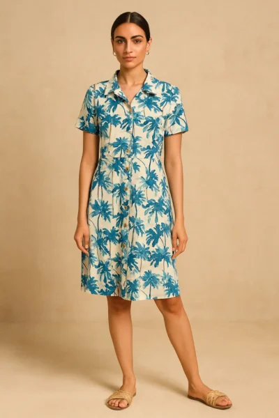 DRS-111-1 Blue Floral Shirt Dress in Pure Cotton-Linen