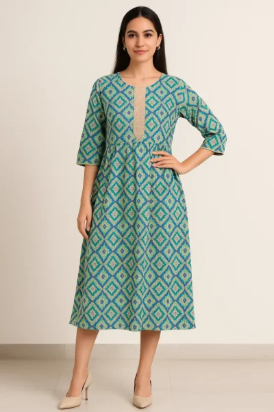 DRS-112-1 Blue & Green Geometric Print Midi Dress