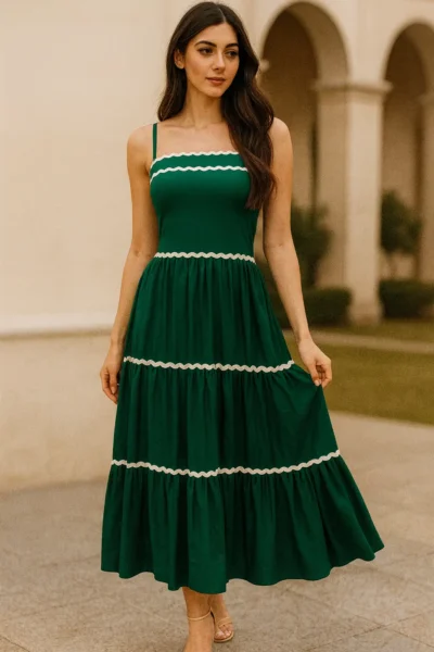 DRS-115-1 Emerald Green Tiered Cotton Maxi Dress