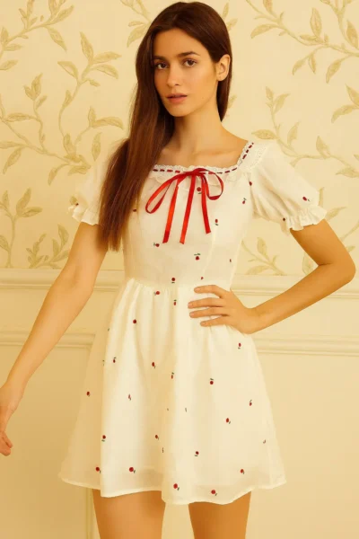 DRS-117-1 White Imported Cotton Embroidered Short Dress with Bow Tie