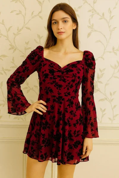DRS-119-1 Wine Red Net Dress with Velvet Flocking Work and Puff Sleeves