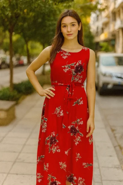 DRS-122-1 Red Floral Print Georgette Sleeveless Maxi Dress with Waist Tie