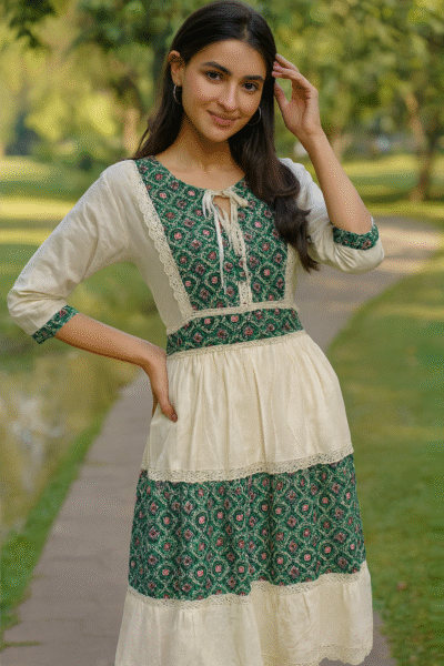 DRS-124-1 Cotton Fabric White & Green Printed Knee-Length Dress