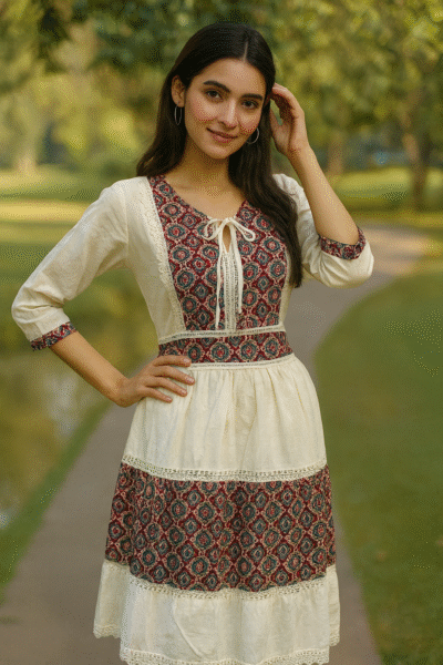 DRS-125-1 Cotton Fabric White & Maroon Printed Knee-Length Dress