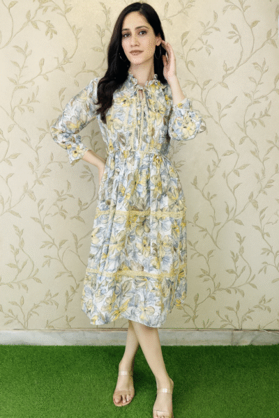 DRS-126-1 Cotton Fabric Floral Printed Midi Dress