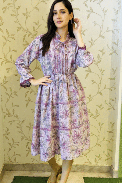 DRS-127-1 Cotton Fabric Purple Floral Midi Dress
