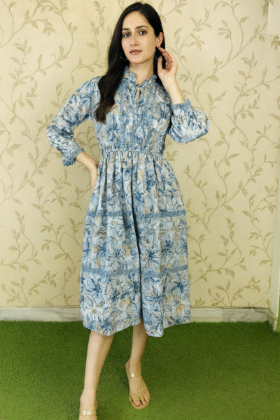 DRS-128-1 Cotton Fabric Blue Floral Midi Dress