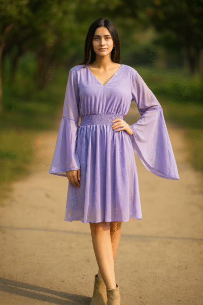 DRS-131-1 Georgette Fabric Flared Sleeve Dress