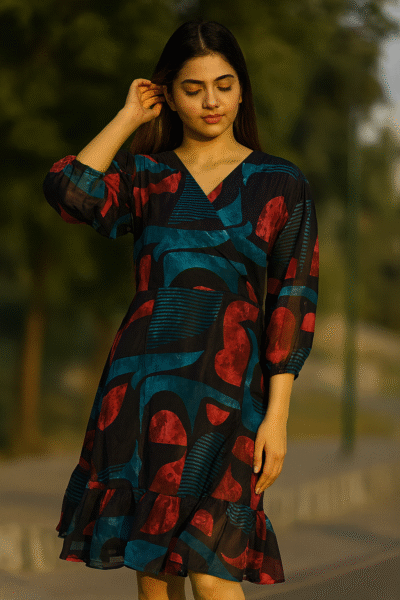DRS-140-1 Organza Abstract Print Midi Dress