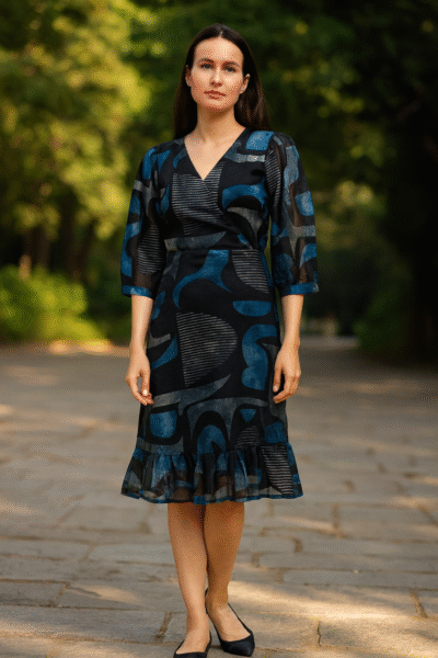 DRS-141-1 Organza Abstract Print Ruffle Hem Dress