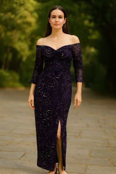 DRS-144-1 Purple Off-Shoulder Stretchable Shimmer Gown
