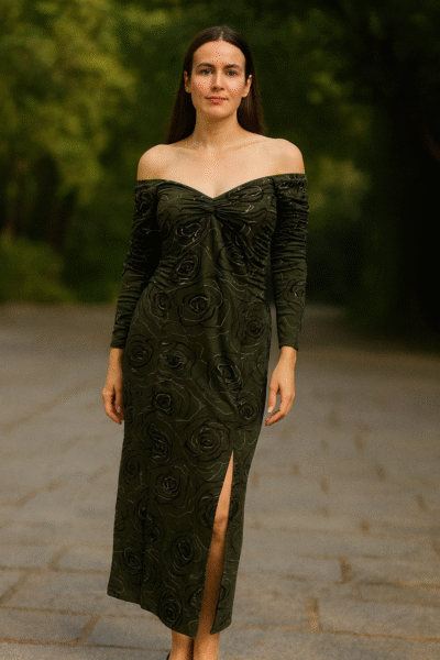 DRS-145-1 Olive Green Off-Shoulder Stretchable Shimmer Gown