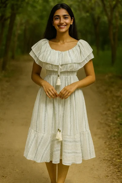 DRS-150-1 Off-Shoulder Cotton Midi Dress with Inner