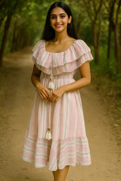 DRS-151-1 Off-Shoulder Cotton Midi Dress with Inner – Pink Stripes