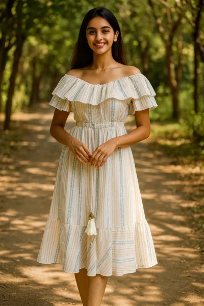 DRS-152-1 Off-Shoulder Cotton Midi Dress with Inner – White Stripes