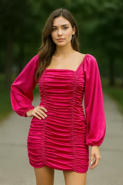 DRS-156-1 Hot Pink Satin Ruched Mini Dress