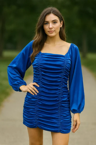 DRS-157-1 Royal Blue Satin Ruched Mini Dress