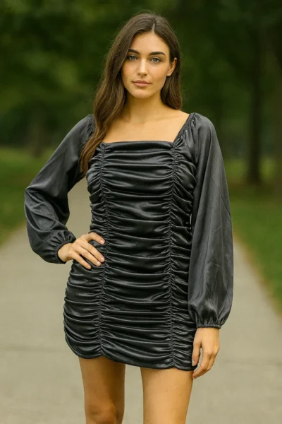 DRS-158-1 Charcoal Grey Satin Ruched Mini Dress