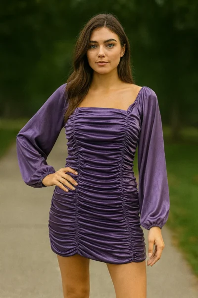 DRS-159-1 Lavender Satin Ruched Mini Dress