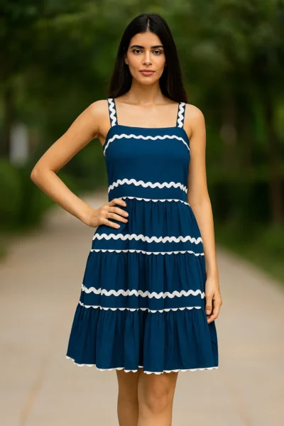 DRS-162-1 Blue Tiered Imported Fabric Dress