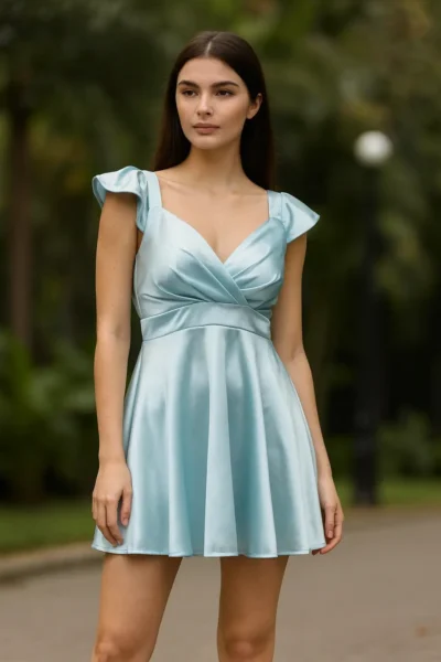 DRS-167-1 Ice Blue Satin Fit & Flare Mini Dress