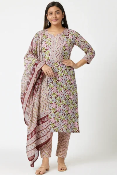 KPD-277-1 Floral Print Cotton Kurta Pant Dupatta Set