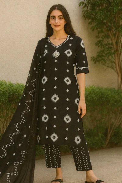 KPD-278-1 Black & White Printed Cotton Kurta Pant Dupatta Set