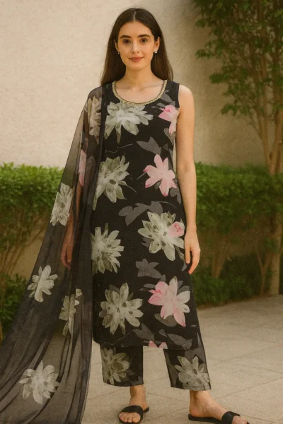 KPD-279-1 Floral Georgette Kurta Set with Pant & Dupatta