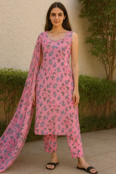 KPD-280-1 Pink Floral Georgette Kurta Pant Dupatta Set
