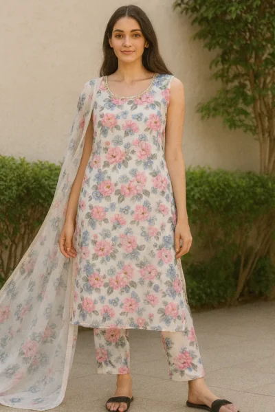 KPD-281-1 Floral Charm Georgette Kurta Pant Dupatta Set – White Base