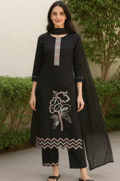 KPD-282-1 Black Sequin Embroidered Kurta Pant Dupatta Set