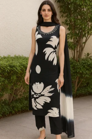 KPD-284-1 Black & White Floral Rayon Kurta Pant Dupatta Set