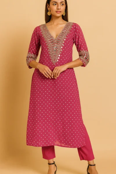 KPD-286-1 Rani Pink Georgette Mirror Work Kurta Pant Set