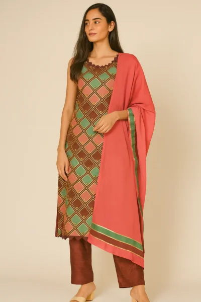 KPD-287-1 Elegant Brown & Multicolor Cotton Silk Kurta Pant Dupatta Set