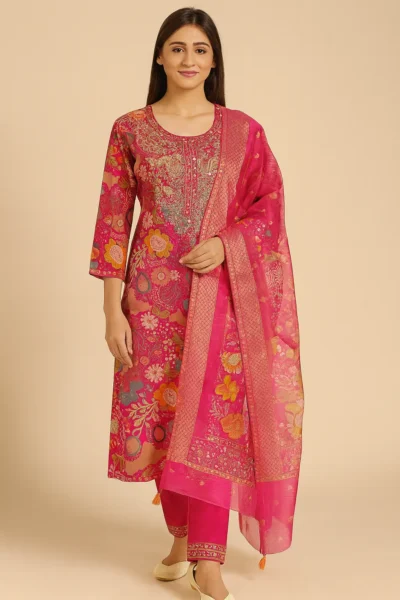 KPD-289-1 Vibrant Pink Floral Rayon Kurta Set with Pant & Dupatta