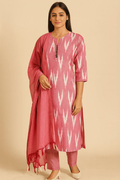 KPD-290-1 Pink Ikkat Khadi Handloom Cotton Kurta Pant Dupatta Set