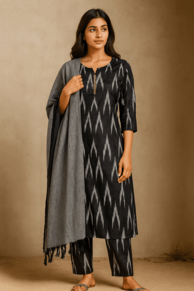 KPD-291-1 Black Ikkat Handloom Cotton Kurta Pant Dupatta Set